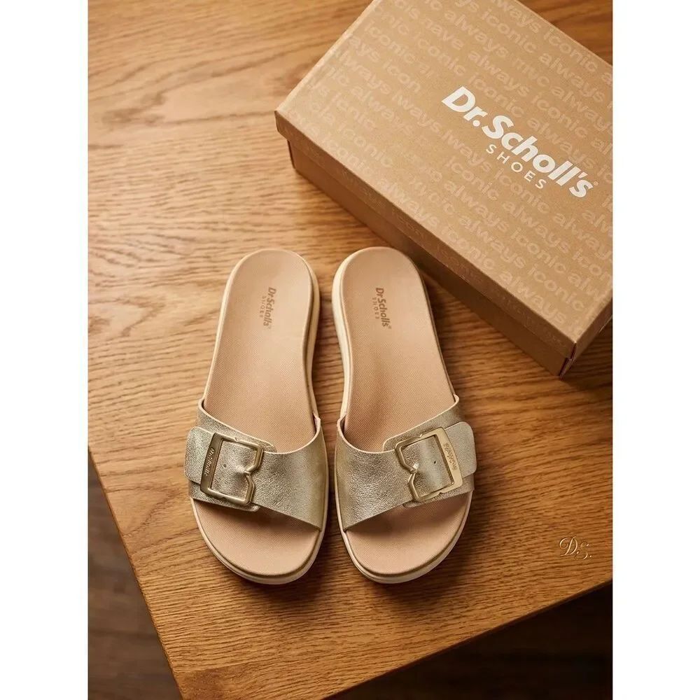 Dr. Scholl’s Gold Buckle Slide Sandals Women’s Comfort Slip‑On Metallic Shoes